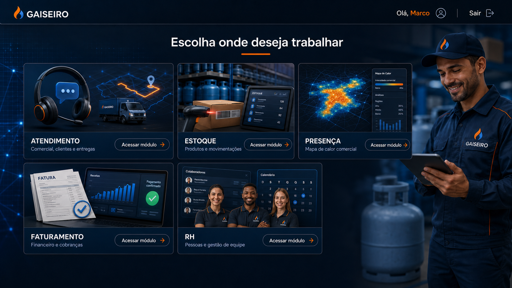 Escolha entre Atendimento, Estoque, Presença, Faturamento e RH