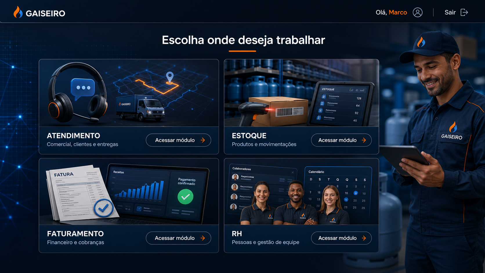 Escolha entre Atendimento, Estoque, Faturamento e RH